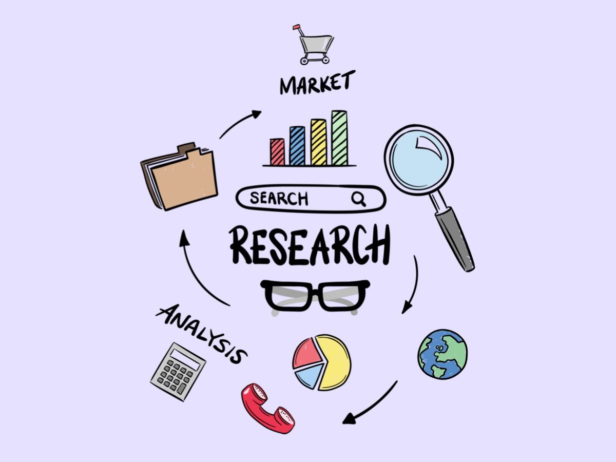 Research and marketing-related icons with text Market, Research and Analysis on a lavender background - Rethinking the marketing funnel in the world of modern technology and social networks - Image
