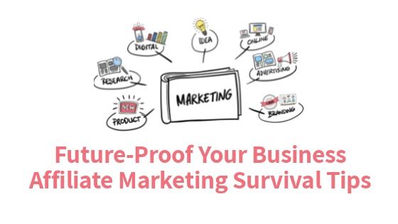 Fondo blanco con símbolo de marketing y "consejos de supervivencia de marketing de afiliados" escritos en rojo
