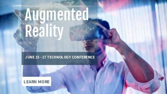 Hombre con anteojos VR en el fondo y "The Rise of Augmented Reality" escrito en primer plano