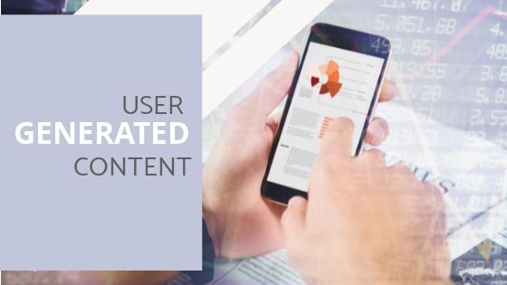 "User Generated Content" escrito como título y una persona que usa su teléfono inteligente en segundo plano con estadísticas en la pantalla de inicio