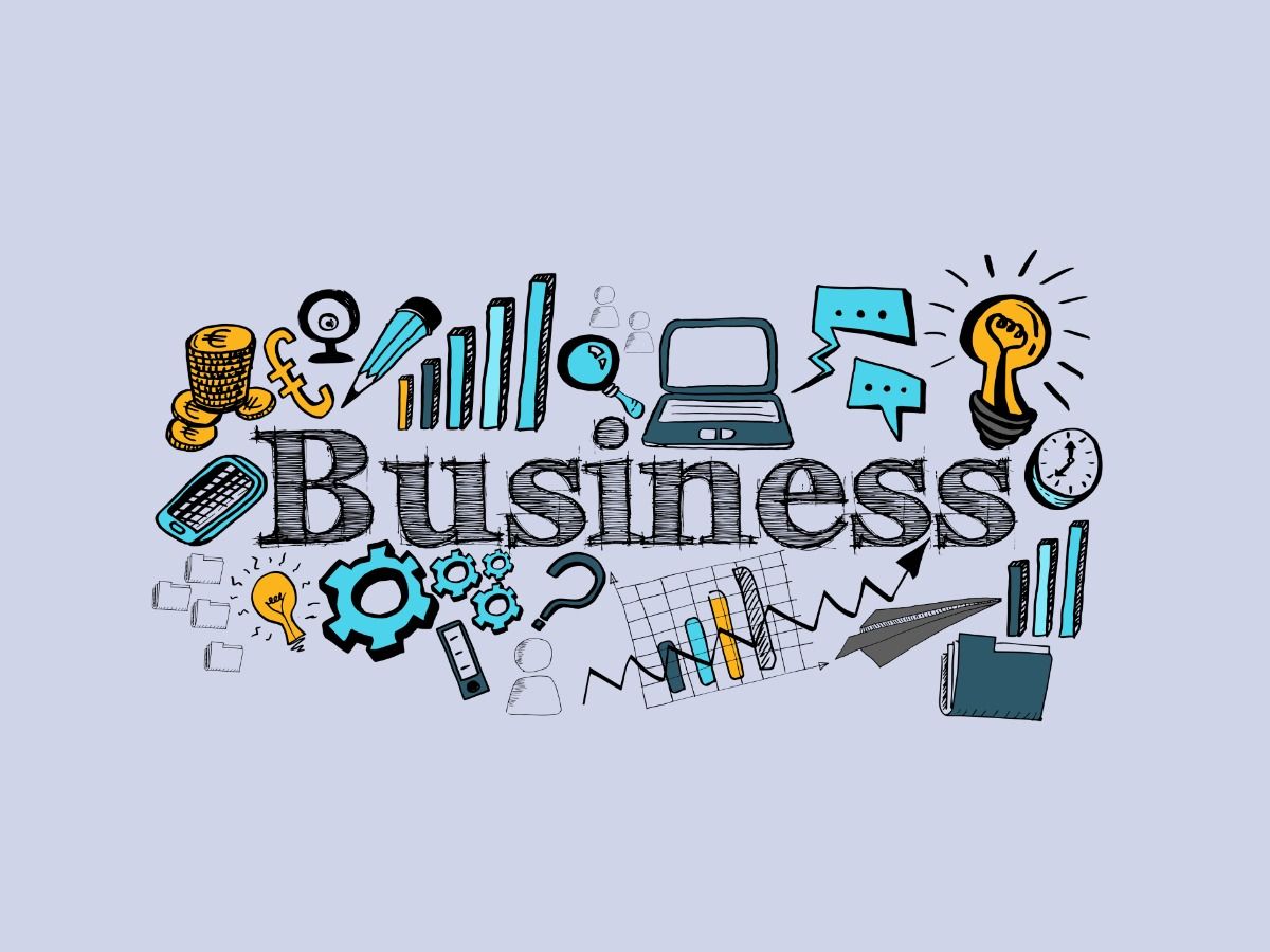 la palabra negocio está en el centro de la imagen con diferentes íconos alrededor para explicar la mejora como gráficos, búsqueda, dinero, comentarios, nuevas ideas y nuevas reflexiones
