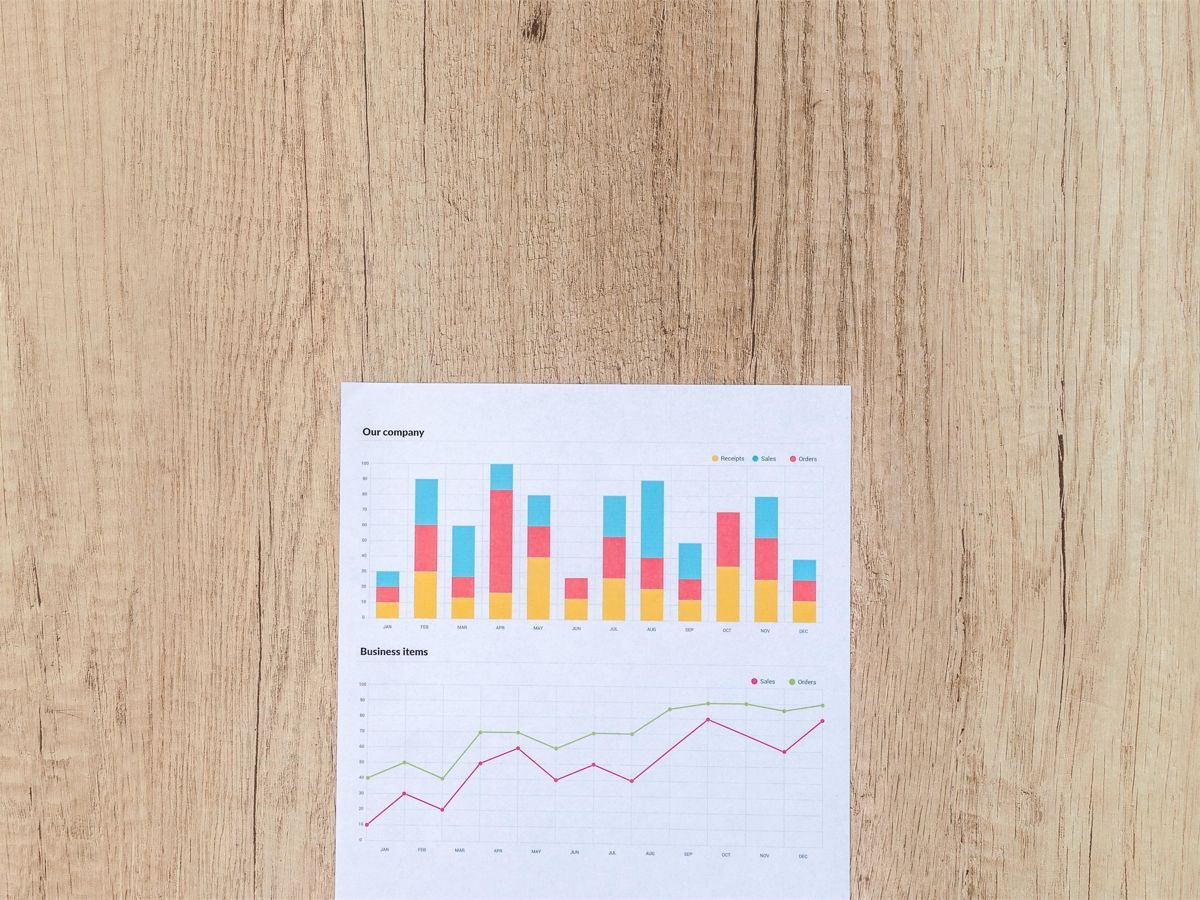 Company analytics printed on a white sheet, placed on a wooden background - The most important metrics for content marketing - Image