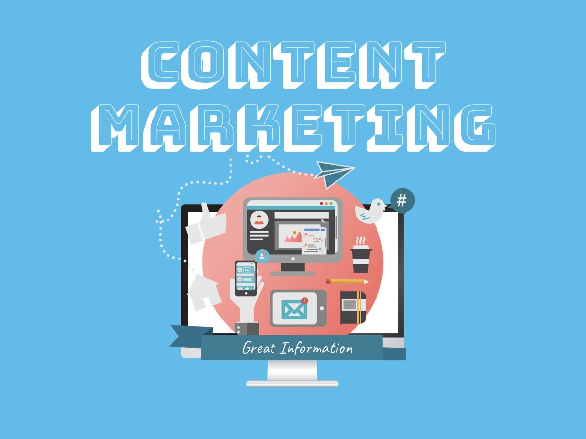 Content marketing text placed over a blue background with a computer icon - The most important metrics for content marketing - Image