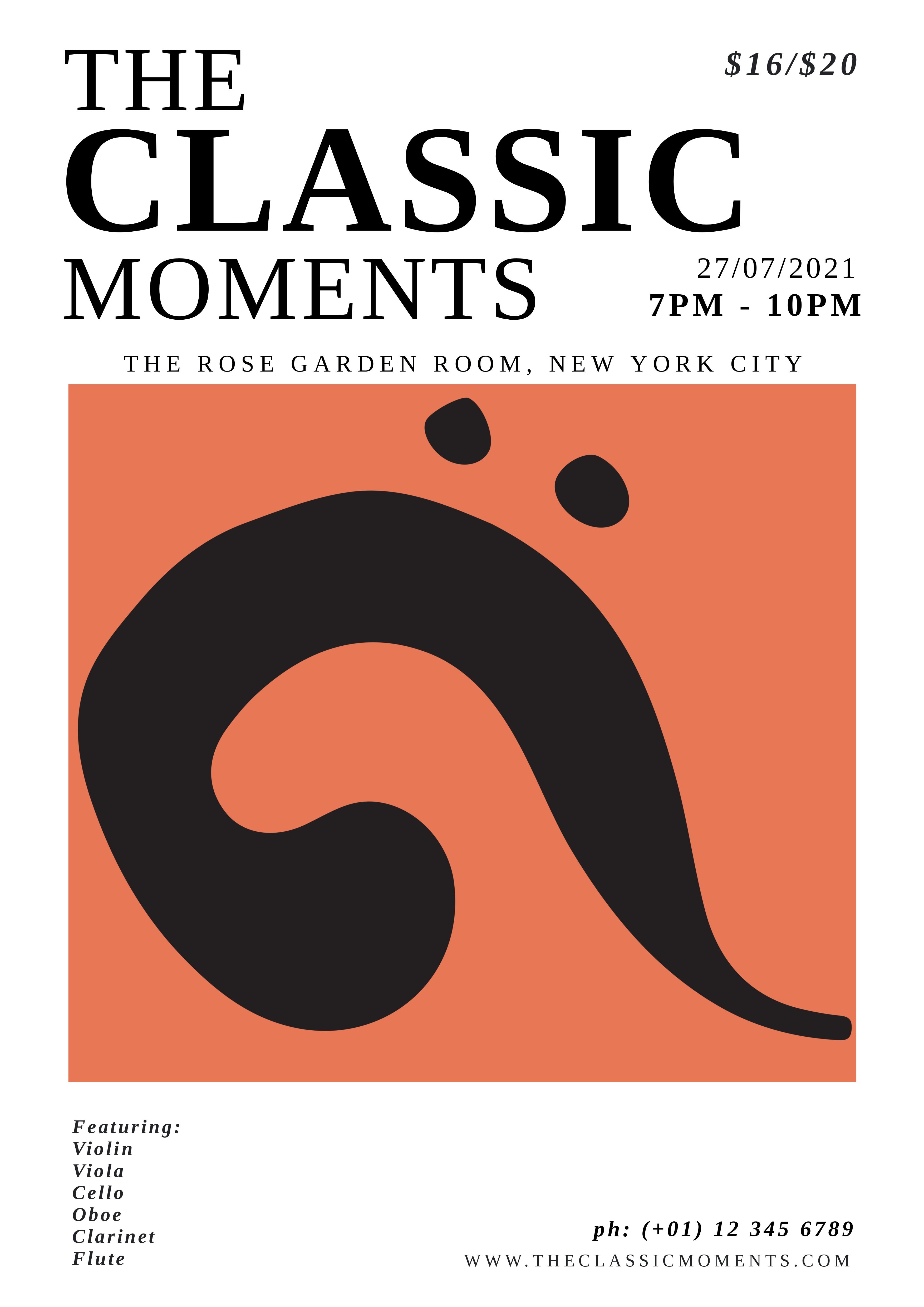 Pôster do evento musical 'The Classic Moments' com fonte serifada em detalhes pretos e ícone simples de clave de fá em centro - O guia completo de fontes: 5 tipos essenciais de fontes em tipografia - Imagem