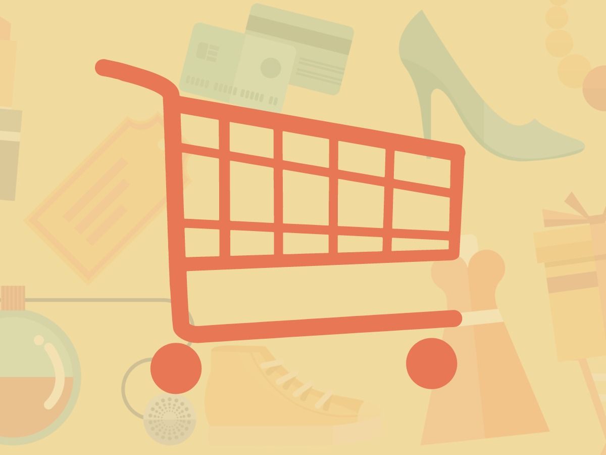 Shopping cart icon on a background with various products - Ten types of social media and how your business can benefit from them - Image