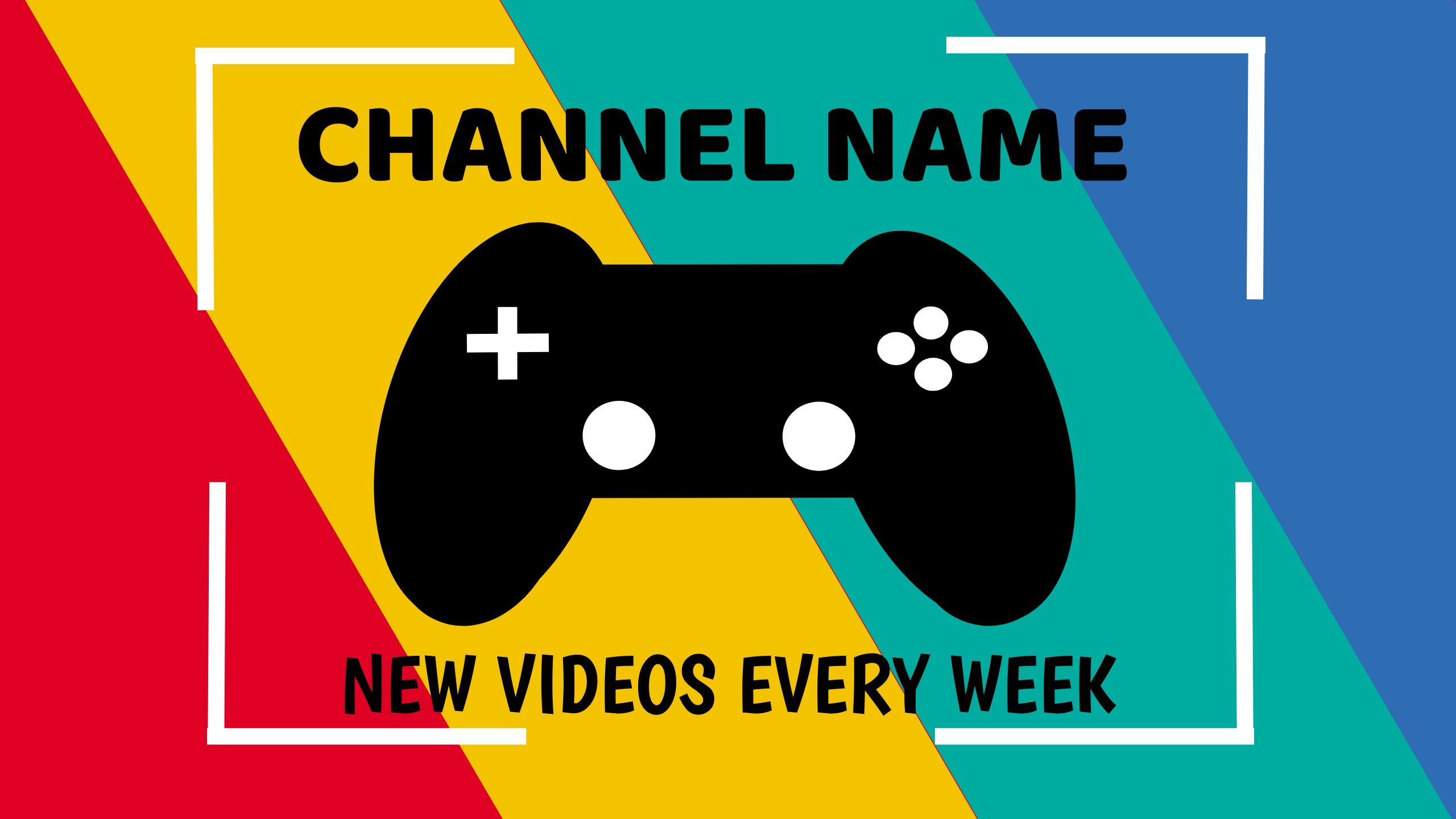 Design de modelo de banner do YouTube colorido com o texto &quot;Novos vídeos toda semana&quot; e um ícone de console no centro